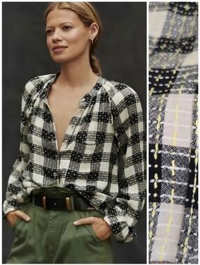 Anthro Pilcro Embroiderd Plaid Black White Green Button Up Top, XS